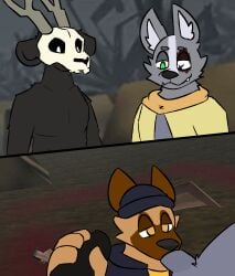 4_fingers animal_genitalia animal_penis animated anthro beanie black_penis bone bottomless broadside_beach canid canine canis cheek_tuft chief_wulf clothed clothing deer delta's_art domestic_dog eye_scar facial_scar facial_tuft fellatio fingers genitals german_shepherd green_eyes group handjob hat headgear headwear herding_dog hi_res horn hornz_(broadside_beach) humanoid_genitalia humanoid_penis jacket kneeling looking_down looking_pleasured looking_up low_framerate male male/male mammal neck_tuft noah_(shooty_the_5th) oral orange_eyes outside pastoral_dog penile penis scar sex shipwrecked_64 shirt short_playtime skull skull_head snaggle_tooth split_screen sweater t-shirt topwear trio tuft white_eyes wolf