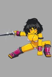 1girl alexx101 armor artist_name beauty_mark big_breasts bikini bikini_warriors black_eyes black_hair blush boots determined female female_only hairband huge_breasts lego midriff mostly_nude_female ninja ninjago nya_(ninjago) short_hair smiling spread_legs sword warrior yellow_skin