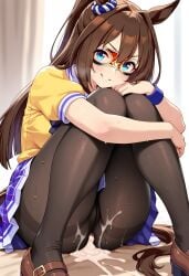 ai_generated animal_ears artist_request ass ass_focus blue_eyes brown_hair cum cum_in_pantyhose el_condor_pasa_(umamusume) horse_ears horse_girl horse_tail legs pantyhose smile smirk smirking_at_viewer umamusume umamusume_pretty_derby