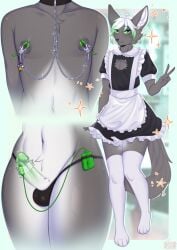 2023 anthro antlers anus areola balls balls_in_underwear bell big_ears blush bodily_fluids bondage bottomwear canid canine clothed clothing collar crossdressing digital_media_(artwork) egg_vibrator erection eyebrows fennec fox fur genital_fluids genitals girly green_penis grey_body hair hi_res horn humanoid_genitalia humanoid_penis legwear long_tail looking_at_viewer maid_apron maid_uniform maiteik maiteik_(artist) male mammal multicolored_hair nipple_clamp nipples penis pinup pose precum presenting presenting_penis raised_eyebrow seductive sex_toy smile smiling_at_viewer solo standing stockings tail teasing thong topwear two_tone_hair underwear uniform vibrator watermark white_hair wide_hips