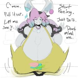 big_breasts breasts breasts_bigger_than_head bunny_ears cleavage female female_focus female_only furry huge_breasts hyper_breasts l0nneva peanut_butter_(theycallhimcake) peeing pink_hair smiling_at_viewer solo solo_female solo_focus talking thick_thighs urination wide_hips