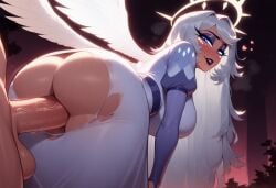1boy 1boy1girl 1girls ai_generated angel angel_wings ass bent_over breasts doggy_style dress emily_(hazbin_hotel) eyeshadow female female_focus halo hazbin_hotel hearts_around_head hell male outdoors penetration penis periph public public_sex purple_eyes pussy ripped_clothing sex sex_from_behind torn_clothes vagina vaginal_penetration white_hair wings
