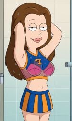 ai_generated american_dad ass bigmic145 bra bra_visible_through_clothes breasts brown_hair cheerleader crop_top female lisa_silver long_hair navel see-through see-through_clothes see-through_clothing skirt solo solo_female tease teasing wet wet_body wet_clothes wet_clothing wet_skin