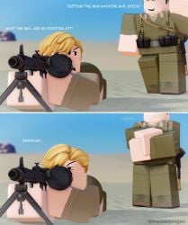 2024 2boys 3d aiming black_hair blonde_hair clothed day desert dialogue english_text erich_kraus femboy firearm fully_clothed gay gun karl_hartmann laying_down machine_gun male male/male mg42 military military_uniform on_stomach outside panzerjungen prone roblox robloxian smile squint tagme twitter_username weapon yaoi