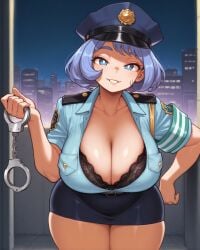 1girls ai_generated bending_over blue_eyes boku_no_hero_academia bra_peek cityscape cleavage cowboy_shot female female_focus female_only goonsmith hadou_nejire handcuffs headwear holding_handcuffs holding_object lace-trimmed_bra large_breasts lips_apart looking_at_viewer medium_hair miniskirt night police_hat police_uniform policewoman purple_hair seductive smile sole_female solo voluptuous