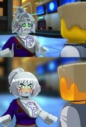1boy 1girls alexx101 artist_name big_breasts blurry_background boobs_out breasts clothed_male edited female flustered green_eyes huge_breasts lego long_hair male metallic_body mostly_clothed nindroid ninjago p.i.x.a.l. rebooted_(ninjago) short_hair showing_breast silver_hair sweating_male yellow_skin zane_(ninjago)