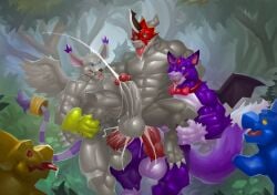 absurd_res anal_orgasm angelgatomon_(angelgato) balls bandai_namco big_muscles black_markings blue_body bodily_fluids bow_tie claws clothing cum cum_on_face cum_while_penetrated cumshot digimon digimon_(species) domestic_cat dorumon dragon drooling ejaculation excessive_cum excessive_genital_fluids feathered_wings feathers felid feline felis flamedramon fox_tail foxy_the_dorumon fur furred_dragon furred_scalie gatomon genital_fluids genitals gloves hands-free handwear hi_res humanoid_genitalia humanoid_penis kittikary looking_pleasured male male/male male_penetrated male_penetrating male_penetrating_male mammal markings membrane_(anatomy) membranous_wings muscular muscular_male mythological_creature mythological_scalie mythology nude orgasm penetration penile penile_penetration penis purple_body purple_fur saliva scales scalie sex shiromon_(shiromon999) stripes tail tongue tongue_out white_body white_fur white_scales wings x-digimon