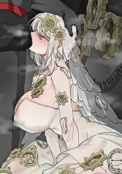 1boy 1girls blush breasts bridal_veil bulge cleavage closed clothing dante_(limbus_company) dress e.g.o_(project_moon) erection erection_under_clothes eyes faust_(limbus_company) female female_focus gear grey_skin hand_on_head huge_breasts john_ruina kneeling light-skinned_female light_skin limbus_company male musk nipple_bulge penis_sniffing project_moon short_hair steam sweat white_hair 잡계