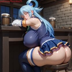 1girls ai ai_generated alternate_breast_size aqua_(konosuba) ass bar bare_shoulders beer beer_mug blue_eyes blue_hair blue_shirt blue_skirt breasts covered_nipples erect_nipples female hair_rings huge_breasts kono_subarashii_sekai_ni_shukufuku_wo! konosuba long_hair mug no_panties sitting sitting_on_chair skirt sleeping solo stockings thick_thighs thighhighs thighs