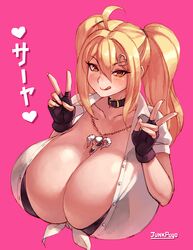 :q blonde_hair borrowed_character breasts cleavage commentary_request female fingerless_gloves gigantic_breasts gloves gyaru haks highres jewelry junkpuyo long_hair looking_at_viewer necklace original pink_background saaya_(kirome) simple_background skull_necklace solo tongue tongue_out twintails v virtual_youtuber