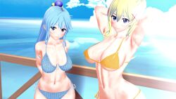2girls 3d aqua_(konosuba) armpits arms_behind_back arms_behind_head beach big_breasts bikini blonde_hair blue_bikini blue_eyes blue_hair breasts busty cleavage confident darkness_(konosuba) female female_only hi_res kono_subarashii_sekai_ni_shukufuku_wo! large_breasts long_hair looking_at_viewer navel ocean ponytail pose posing sensual sexy sexy_armpits sexy_pose side-tie_bikini smile solo sweat thong_bikini toned water yellow_bikini