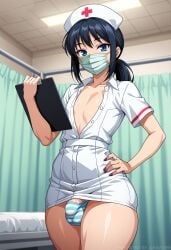 1boy ai_generated ambrose black_hair blue_eyes bulge clipboard curvy_hips eyeshadow femboy hospital indoors makeup male mask nurse nurse_cap nurse_uniform original_character ponytail purple_nails self_upload shimapan stable_diffusion surgical_mask thick_thighs