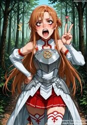 :d ai_generated armor asuna_(sao) bangs bare_shoulders blush braid breastplate breasts brown_eyes brown_hair bush clothing day detached_sleeves dress eyebrows female female female_only forest grass hair_ornament hand_on_hip hand_on_own_hip hand_up heart jousneystudio legwear lips long_hair long_sleeves looking_at_viewer medium_breasts miniskirt nature open-mouth_smile open_mouth outdoors pleated_skirt red_skirt shiny_skin sidelocks skindentation skirt sky sleeveless smile solo standing sweat sword_art_online teeth thigh_boots thighhighs thighs tongue tree trembling upper_teeth upper_teeth_only v very_long_hair white_legwear white_sleeves white_thighhighs yuuki_asuna zettai_ryouiki