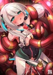 black_leotard blue_eyes blue_hair blush breast_sucking breasts cable cowboy_shot facial_mark female female_ejaculation grey_hair gummyrise headphones highres ico_(megaman_x_dive) large_breasts leotard mega_man_(series) mega_man_x_(series) mega_man_x_dive multicolored_hair nipples pussy_juice saliva solo sweat tentacle tentacle_sex torn_clothes torn_leotard two-tone_hair vaginal_penetration