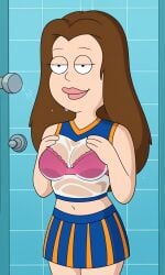 ai_generated american_dad ass bigmic145 bra bra_visible_through_clothes breasts brown_hair cheerleader crop_top female lisa_silver long_hair navel see-through see-through_clothes see-through_clothing skirt solo solo_female tease teasing wet wet_body wet_clothes wet_clothing wet_skin