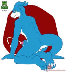 2019 3_toes anus ass blue_body blue_skin bodily_fluids claws cum cumshot digimon digimon_(species) ejaculation erection feet flamedramon genital_fluids hi_res kneeling looking_at_viewer looking_back male male_only masturbation orgasm penis scalie shadowpelt simple_background solo toes