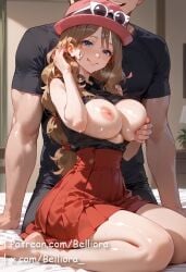 1boy 1girls ai_generated artist_name ass bangs bare_shoulders barefoot belliora black_hair blue_eyes blush breasts detached_sleeves dildo dildo_riding dress earrings feet female jewelry large_breasts long_hair looking_at_viewer looking_back object_insertion patreon pokemon pussy_juice serena_(pokemon) sex_toy smile solo squatting sweat thigh_strap thighs vaginal_object_insertion vaginal_penetration