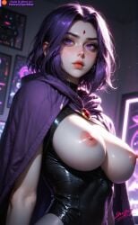 1girls _sparkstar_ absurd_res ai_generated big_breasts breasts dc grey_skin hair hi_res highres looking_at_viewer nipples no_bra purple_eyes purple_hair rachel_roth raven_(dc) raven_(teen_titans) solo spark_star teen_titans watermark