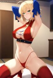 ahoge ai_generated alternate_breast_size armpits arms_behind_head arms_up artoria_pendragon bangs blonde_hair blue_ribbon blush braid breasts cameltoe cleavage dandanhub elbow_gloves fate/grand_order fate/stay_night fate_(series) female french_braid gloves green_eyes hair_bun hair_ribbon indoors large_breasts looking_at_viewer navel panties parted_lips red_panties red_thighhighs ribbon saber short_hair solo squatting sweat thighhighs thighs toeless_legwear underwear