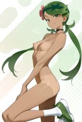 1girls black_choker breasts choker closed_mouth clothing completely_nude dark-skinned_female dark_skin female flower footwear green_eyes green_footwear green_hair green_shoes hair_flower hair_ornament headband headwear high_resolution in_profile long_hair looking_at_viewer low_twintails mallow_(pokemon) nipples nude otokakoto pokemon pokemon_(game) pokemon_character pokemon_sun_&_moon shoes small_breasts smile solo tanlines tanned tied_hair trial_captain twintails very_high_resolution very_long_hair