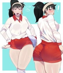 1girls ass back_view bangs black_hair blush breasts clothed_female clothing collarbone crop_top deven_tolo earrings fully_clothed hand_on_hip hand_on_own_hip looking_at_viewer midriff ponytail rear_view red_eyes sports_bra sports_uniform sportswear spy_x_family standing sweat tagme yor_briar yor_forger