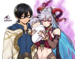 deity_on_mortal fire_emblem fire_emblem_heroes freyja_(fire_emblem) goddess horns large_breasts light-skinned_female parents_and_child red_eyes rotomdocs summoner_(fire_emblem_heroes) tagme white_hair wide_hips