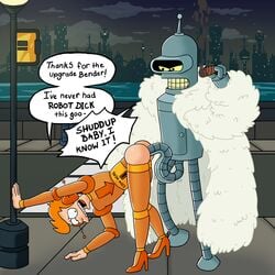 2018 anal ardidon bender_bending_rodriguez color commission crossdressing exhibitionism futurama gay highres male male_only male_prostitute outdoors philip_j_fry prostitution robot smooth_skin transformation