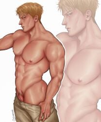 1boy abs artist_name bara biceps blonde_hair g00miato jujutsu_kaisen kento_nanami male male_focus male_only muscular muscular_arms muscular_male nipples pants pants_pull pecs pectorals penis pubic_hair shirtless simple_background solo solo_male topless topless_male white_background