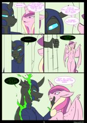 alicorn anthro areola armor arthropod blue_eyes changeling comic dialogue drone_(mlp) english_text equid fangs female friendship_is_magic headgear helmet hi_res horn kanashiipanda male mammal my_little_pony nipples nude princess_cadance_(mlp) prison purple_eyes pussy text wings