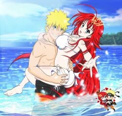 1boy 1boy1girl 1girls ass barefoot beach big_ass big_breasts bikini blonde_hair blush breast_press breasts cleavage couple crossover curvaceous curvy curvy_figure duo_focus feet grin head_against_breast hi_res high_school_dxd howlofwolfpassionart in_water long_hair looking_at_viewer male/female naruto naruto_(series) naruto_shippuden partially_submerged red_hair rias_gremory romantic romantic_couple shirtless shirtless_male smile stand_and_carry_position straight swimsuit uzumaki_naruto very_long_hair waving waving_at_viewer wholesome