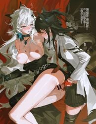 2girls absurdres animal_ears arknights bar_censor black_dress black_gloves black_hair black_shirt breasts censored chinese_commentary chinese_text choker coat commentary_request diagonal-striped_clothes diagonal-striped_necktie dress female futa_with_female futanari gloves grey_hair hair_ornament hairclip highres intersex lappland_(arknights) large_breasts long_hair meng_ziya multiple_girls necktie nipples one_eye_closed open_clothes open_coat penis pussy red_gloves red_necktie ribbon_choker scar scar_across_eye scar_on_face sex shirt striped_clothes tail texas_(arknights) texas_(willpower)_(arknights) translation_request watch white_coat wolf_ears wolf_girl wolf_tail wristwatch