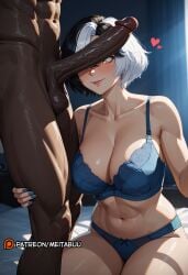 1boy abs ai_generated black_hair blue_bra blue_nails blue_panties blush bra breasts cleavage closed_mouth collarbone dark-skinned_male dark_skin erection female heart huge_cock indoors interracial large_breasts large_penis looking_at_penis luna_snow luna_snow_(marvel_rivals) marvel marvel_comics marvel_rivals meitabuu multicolored_hair muscular navel panties patreon_logo patreon_username penis penis_awe penis_on_face penis_over_eyes short_hair sitting smile solo_focus straight testicles thighs two-tone_hair uncensored underwear underwear_only very_dark_skin white_hair yellow_eyes