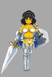 alexx101 armor artist_name beauty_mark big_breasts bikini bikini_warriors black_eyes black_hair blush determined female female_only hairband huge_breasts knight lego midriff mostly_nude_female ninjago nya_(ninjago) short_hair smile sword_and_shield warrior yellow_skin