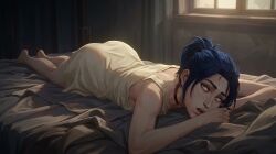 1girls accurate_art_style ai_generated arcane artist_request bare_arms bare_legs barefoot blue_hair caitlyn_kiramman choker clothed dressed female female_only hair_up indoors league_of_legends on_bed on_stomach riot_games sleeveless solo solo_female source_request