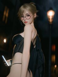 1girls 3d 3d_(artwork) asian asian_female black_jacket black_panties blonde_hair blue_eyes city fair-skinned_female female female_focus female_only glasses high_quality high_resolution highres jacket jacket_over_shoulder looking_at_viewer outdoors outside shoelac3 smartphone thong
