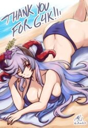 1girls alternate_costume armlet artist_name ass ass_cleavage big_ass bikini breasts butt_crack female female_only fire_emblem fire_emblem_heroes flower freyja_(fire_emblem) goat_horns goddess hair_flower hair_ornament highres horns large_breasts long_hair looking_at_viewer lying nintendo on_stomach red_eyes rotomdocs solo swimsuit towel white_hair