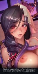 1girls big_breasts black_hair breasts clothed exposed_breasts exposed_nipples exposed_pussy female game_cg king_of_kinks longer_than_30_seconds nipples nutaku otowa_(king_of_kinks) pussy red_eyes tagme thighs thighs_together touching_breast touching_nipples vertical_video video