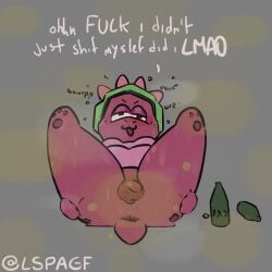 1:1 absurd_res alcohol_bottle anthro anus balls beverage_bottle blush bottle butt container darkened_balls darkened_genitalia darkened_penis dialogue dinosaur drunk electronics fart fart_cloud fart_fetish gameoverse genitals glitch_productions gobbles_(gameoverse) headphones hi_res lspagf lying male on_back onomatopoeia pawpads penis prehistoric_species presenting raised_leg raising_leg reptile scalie slightly_chubby solo sound_effects spread_butt spreading substance_intoxication tail text