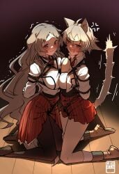 2girls absurdres ahoge anger_vein animal_ears arms_behind_back black_thighhighs blush bondage bondage bondage bound bound_arms breast_press breasts cat_ears cat_girl cat_tail chubb cleavage commission dim_lighting dog_ears dog_girl full-face_blush full_body hair_between_eyes highres kneeling large_breasts long_hair looking_at_viewer motion_lines multiple_girls mushoku_tensei open_mouth partially_unbuttoned pursena_adoldia ranoa_magic_academy_school_uniform red_eyes red_skirt rinia_dedoldia school_uniform second-party_source shirt short_hair skirt slit_pupils symmetrical_docking tail thighhighs trembling very_long_hair wavy_mouth white_shirt wooden_floor