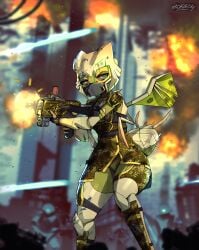 2025 absurd_res alien arthropod barely_visible_genitalia barely_visible_pussy blood bodily_fluids bottomless camo camo_clothing camo_print clothed clothing colored_blood fingers genitals green_blood green_body helldivers hi_res holding_object holding_weapon insects legwear pattern_clothing pussy red_eyes roadiesky shooting terminid topwear unusual_blood unusual_bodily_fluids weapon wings