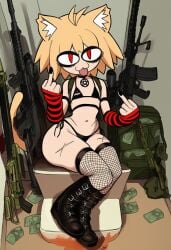 1girls 2d ai ai_assisted ai_generated bathroom big_hips boots female fishnets goth gothic hot money money_bag neco-arc outline red_eyes rifle satanic satanist striped_body stripes tsukihime weapons
