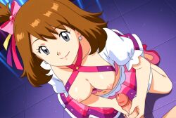 ai_generated blouse bows breasts brown_hair green_eyes haruka_(pokemon) idol masturbation may_(pokemon) may_(pokemon_oras) neckline neon_lights nightclub nipples pokemon pokemon_oras pov sexy sexy_body sexy_cleavage sexy_pose sexy_smile skirt things