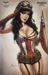 1girls american_flag american_flag_shirt avengers black_hair breasts brown_panties busty calie_liddle captain_america captain_america_(cosplay) comic_cover crossover elias_chatzoudis eyeshadow female female_only garter_straps goggles goggles_on_head green_eyes grimm_fairy_tales_(comic) grimm_fairy_tales_zenescope helmet high_resolution large_breasts lingerie lipstick makeup marvel marvel_comics mascara official_art panties pinup pouch red_lips red_lipstick salute saluting scan scanning_artifacts shield shirt smile solo superheroine text thighhighs thighs underwear zenescope zenescope_entertainment