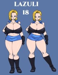 alternate_version_available android_18 big_breasts blonde_hair boots breasts cleavage curvy darkeros13 dragon_ball fingerless_gloves front_view gloves huge_breasts large_breasts miniskirt nipples nipples_visible_through_clothing pencil_skirt shirt short_hair skirt standing thedarkeros thick_thighs vest wide_hips