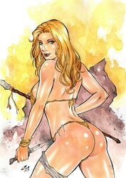 1girls 2019 ass bandages black_eyelashes blonde_eyebrows blonde_hair bra breasts dated dual_wielding ed_benes_studio eyeshadow female female_ass female_only from_side green_eyes highleg highleg_thong holding_knife holding_spear holding_weapon junior_maia ka-zar_(series) knife leopard_print leopard_print_bra leopard_print_thong lipstick long_hair makeup marvel mascara panties pinup red_lips red_lipstick shanna shanna_plunder shanna_the_she-devil side_view signature solo spear standing thighs thong weapon