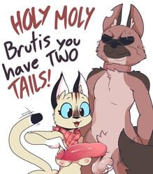 ! 2020 anthro ball_grab balls bodily_fluids breasts brown_body brown_fur brutus_(p&b) canid canine canis cheek_tuft chest_tuft collar crotch_tuft dialogue dipstick_tail domestic_cat domestic_dog duo ear_tuft english_text erection facial_tuft felid feline felis female fur genital_fluids genitals german_shepherd giidenuts herding_dog hi_res humor inner_ear_fluff looking_at_penis male mammal multicolored_tail nipples notched_ear nude open_mouth open_smile pastoral_dog penis pixie_(p&b) pixie_and_brutus precum scar scarf simple_background smile sweat sweatdrop tan_body tan_fur text tuft white_background