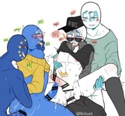 4boys anal anal_sex big_penis blush censored chair_position cia cia_(countryhumans) clothes clothing countryhumans crying cum cum_in_ass cum_inside erection european_union european_union_(countryhumans) fbi fbi_(countryhumans) fingers_in_mouth gay male_focus male_only nude penetration precum rough rough_sex sex smirk srstars stickman stomach_bulge sunglasses sweat tears united_nations united_nations_(countryhumans)