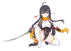 ahoge antenna_hair ara_haan bangs between_labia black_hair breasts cameltoe covered_navel covered_nipples dark_hair elsword eyebrows_visible_through_hair eyeliner female haun_(exodinary) highres holding_sword holding_weapon innie_pussy inverted_nipples katana large_breasts long_hair makeup ninja nipples_visible_through_clothing pose scarf see-through shiny shiny_hair sidelocks simple_background skin_tight smile smiling solo sword tagme thigh_highs white_background white_legwear yellow_scarf