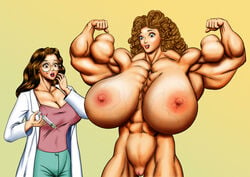 abs areolae biceps big_breasts big_muscles blue_eyes brown_eyes brown_hair charlotte charlotte_fuller curly_hair dcmatthews doctor face_tattoo flexing glasses hyper_muscles labcoat looking_down muscular_female naked_justice nipples nude nude_female pussy shaved_pussy shocked_expression smiling sonya sonya_gannon syringe vagina veiny_breasts