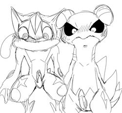 2014 2boys blush doneru dragon eye_contact feral frog gabite greninja looking_at_viewer monochrome nintendo nude penis pokémon_(species) pokemon pokemon_(species) pokemon_dppt pokemon_xy pose scalie simple_background sketch standing video_games